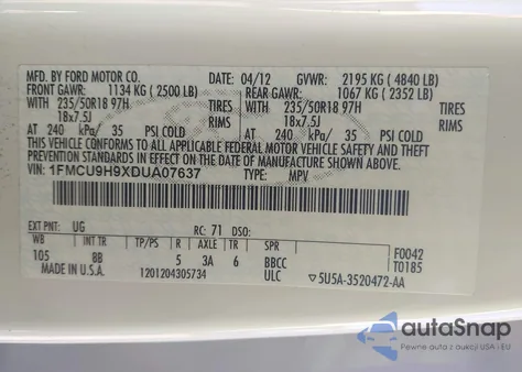 2013 Ford Escape Sel from USA, damaged, VIN 1FMCU9H9XDUA07637